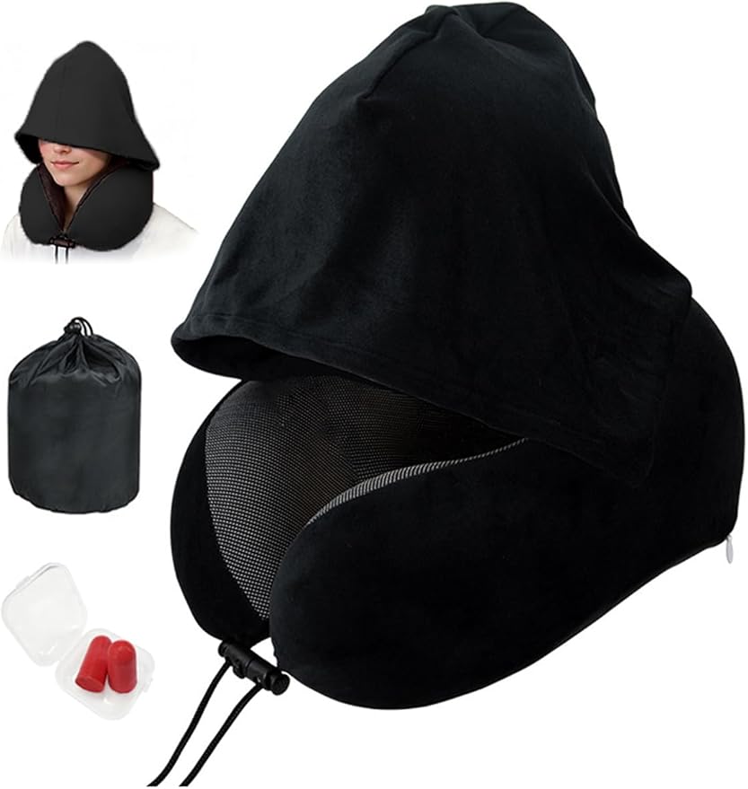 Travel Neck Pillow with Hood Memory Foam Sleeping Airplane Pillows Long Flight Neck Support Plane Essentials Black