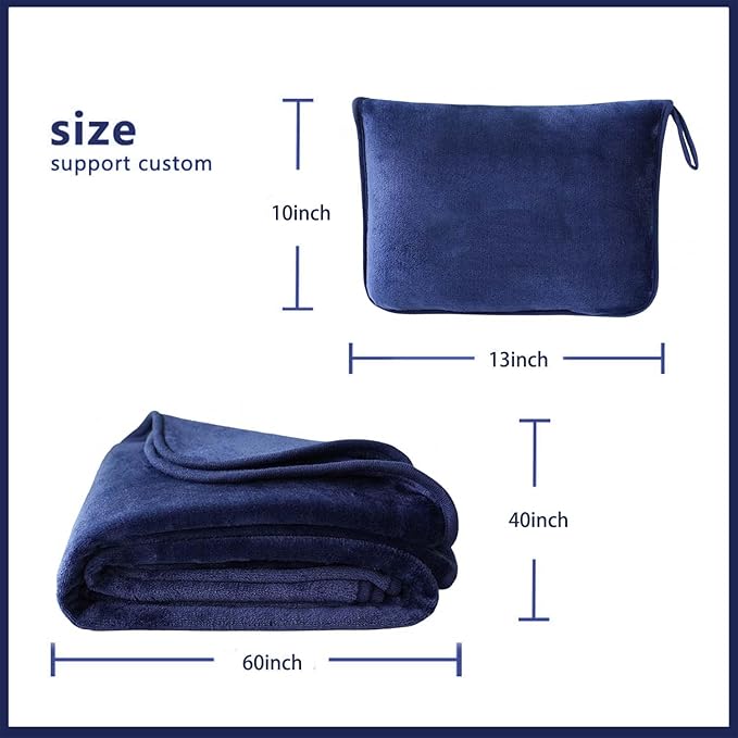 Travel Blanket Pillow, Soft Airplane Blanket 2-in-1, Travel Blanket Airplane Compact with Bag, Travel Essentials Accessories for Plane and Car,60x40 Navy