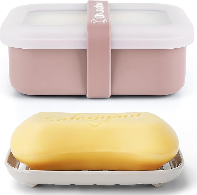Compact Leakproof Travel Soap Case with Lid & Silicone Strap - Portable Draining Soap Bar Holder for Gym, Bathroom, Camping - Lightweight Silicone Soap Dish Container (Pink)
