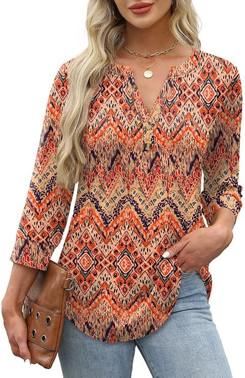 OFEEFAN Womens Tops 3/4 Sleeve Henley Shirts for Women Summer Outfits Fashion Clothing