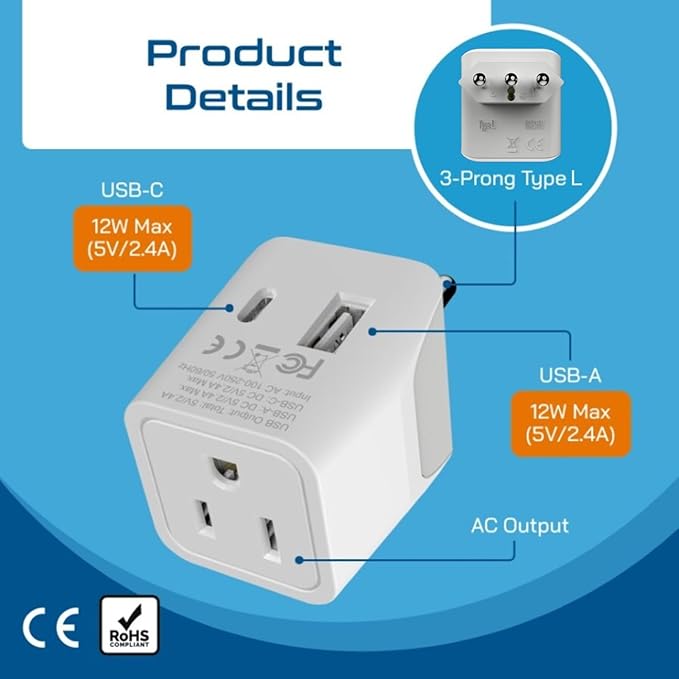 Ceptics Italy, Europe Travel Adapter Plug Set - 2 Pack - with 2 USB + USA Socket Input - Type L and Type C - Ultra Compact - Safe Grounded Perfect for Cell Phones, Laptops, Camera Chargers