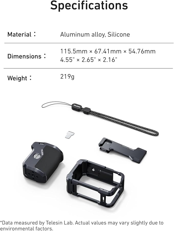 TELESIN Metal Aluminum Alloy Street Grip Kit for DJI Action 6 with Metal Cage Camera Grip Holder with Seesaw Shutter Button Aluminum Alloy Shell Backup TF Card Slot Quick Battery Access