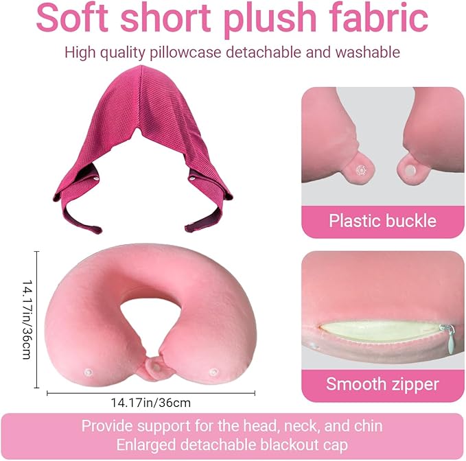 Travel Pillow with Removable Large Hood, Memory Foam Neck Pillow for Airplane, Car, Train Travel Sleeping & Rest, with Soft Cover (Pink)