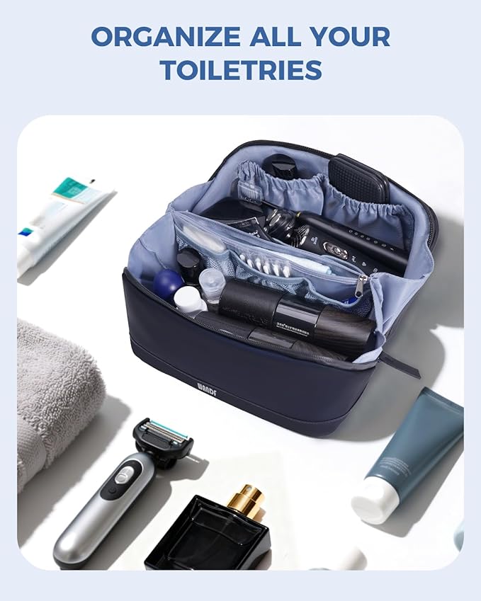 WANDF Toiletry Bag for Men, PU Leather Dopp Kit with Detachable Waterproof Hanging Pouch and Wet Pocket (Navy Blue)