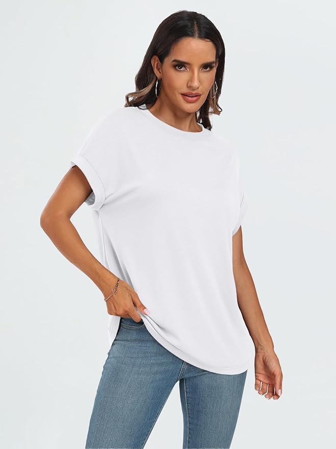 AUTOMET Women's Oversized Short Sleeve T Shirts Casual Drop Shoulder Rolled Cuff Summer Tops for Work, Travel and Lounge