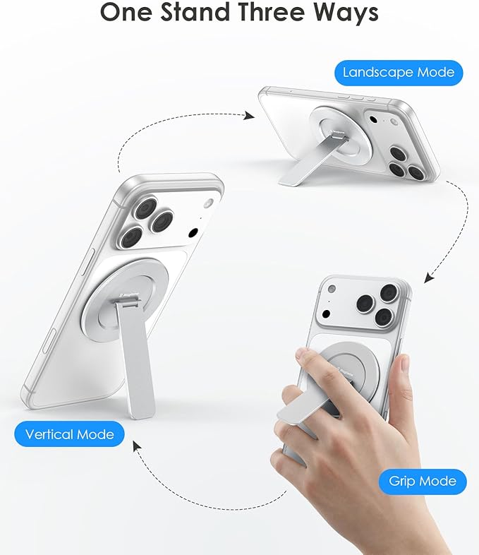 Magtame Magnetic Phone Stand for Magsafe, Ultra-Slim Snap-on Phone Holder Kickstand,180° Adjustable Angle Damping Design Cellphone Grip, Silver