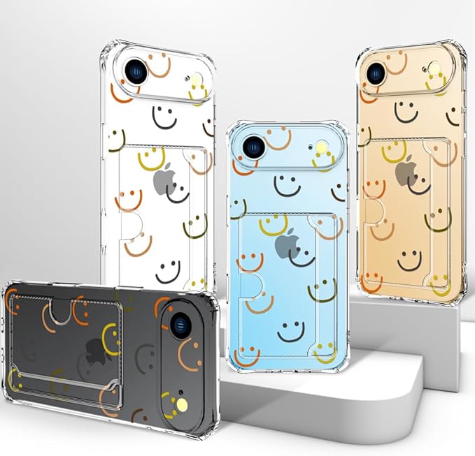 Compatible with iPhone 17 Air Case Card Holder for Women Cute Design,Wallet Phone Cases Transparent Cool Kawaii Protective (Clear Smiley Face)