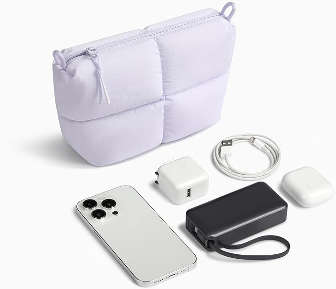 Comfyable Puffy Electronics Organizer Travel Case, Cute Tech Pouch for Women Men, Cable Storage Bag for Charger, Phone, Power Bank, Cord, Compact Tech Accessories Pouch, Lavender