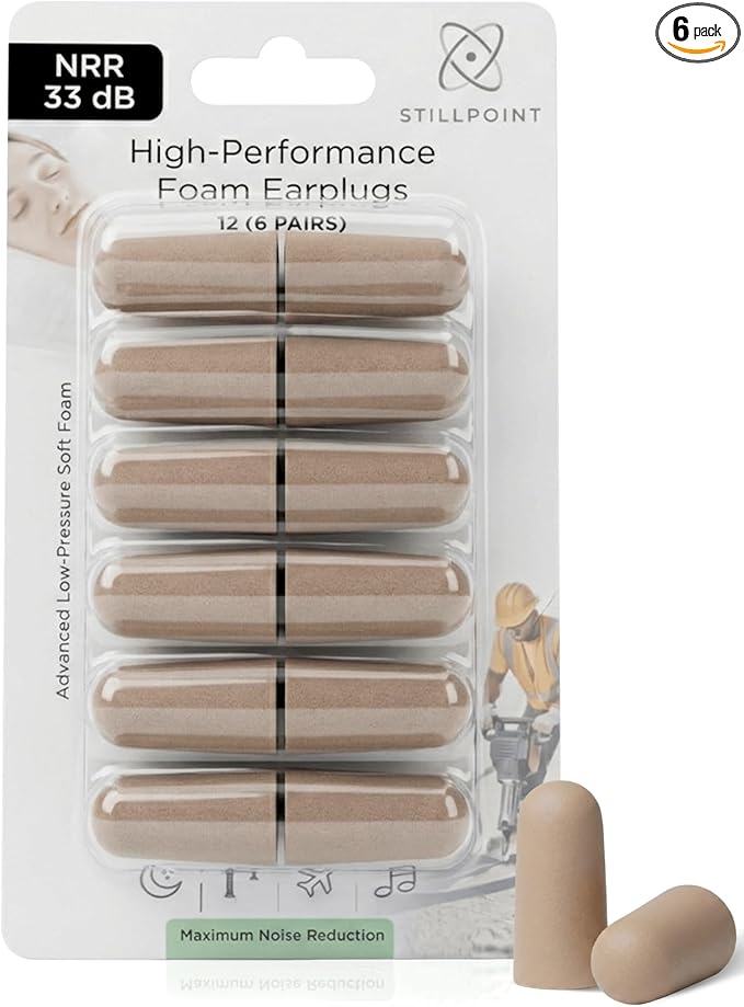 Happy Hippo Soft Foam Earplugs, 33 dB NRR, 6 Pair, 12 Ear Plugs Maximum Protection for Sleeping; Silence Snoring, Airplanes, Airports, Power Tools, Phone Conversations, Loud Work Environments (Beige)