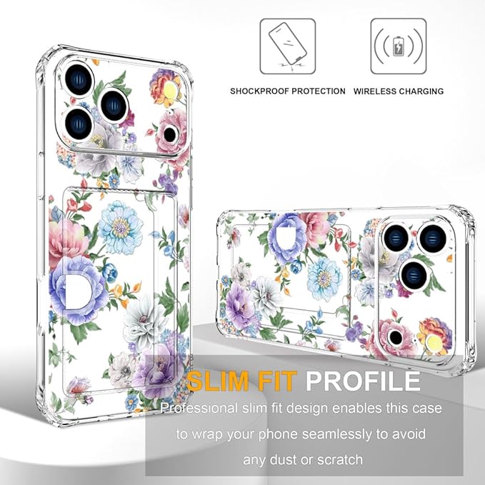 Compatible with iPhone 17 Pro Max Case Card Holder for Women Cute Design,Wallet Phone Cases Transparent Cool Kawaii Protective (Clear Amazing Lovely Flowers)
