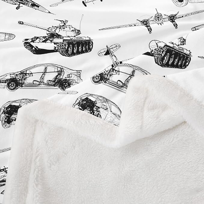 Airplane Kids Throw Blanket,American Aircraft Tank Toddler Bed Blanket for Girls Boys Adults,Hand-Painted Sketch Racing Car Fleece Blanket,Black White Fuzzy Blanket,Queen Size (90 x 90 Inches)