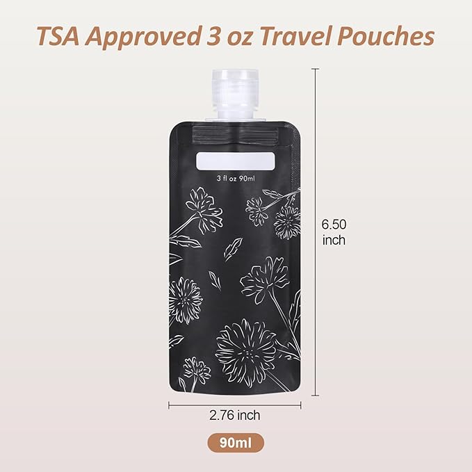 PACKISM 24 Pack Travel Pouches for Toiletries - 3 oz Leak Proof TSA Approved Liquid Containers, Squeeze Bags for Shampoo Lotion, Space Saving Refillable Carriers, Black Beige Chamomile