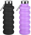 Collapsible Water Bottles 17oz, Portable Leak-Proof Travel Water Bottle, Reusable BPA Free Silicone Foldable Water Bottle with Carabiner for Gym, Traveling, Camping, Hiking, Sports(Black+Purple)