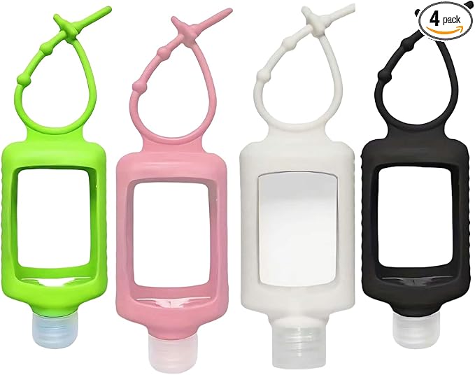Chinshwehaw 4 Pack Leak Proof Travel Bottles 60ml(2oz) with Silicone Sleeves & Keychain | Refillable Squeeze Containers for Toiletries, Hand Sanitizer | BPA Free PETG (Red, White, Black, Green)