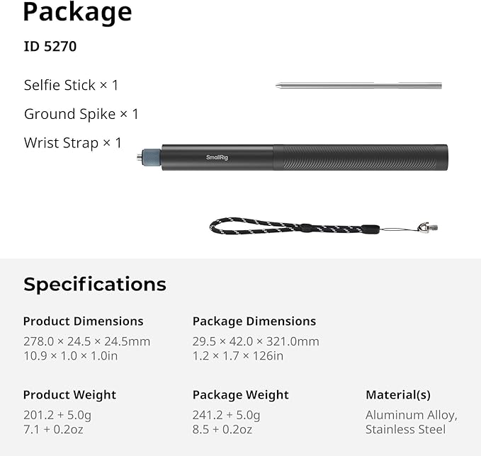 SmallRig Extended 150cm/59in/4.9ft Invisible Selfie Stick for Insta360 X5/X4/X3, for DJI OSMO 360, Portable 360 Camera Stick Pole with 1/4"-20 Screw/Hole, Stake, Wrist Strap, Anti-Slip Handle - 5270