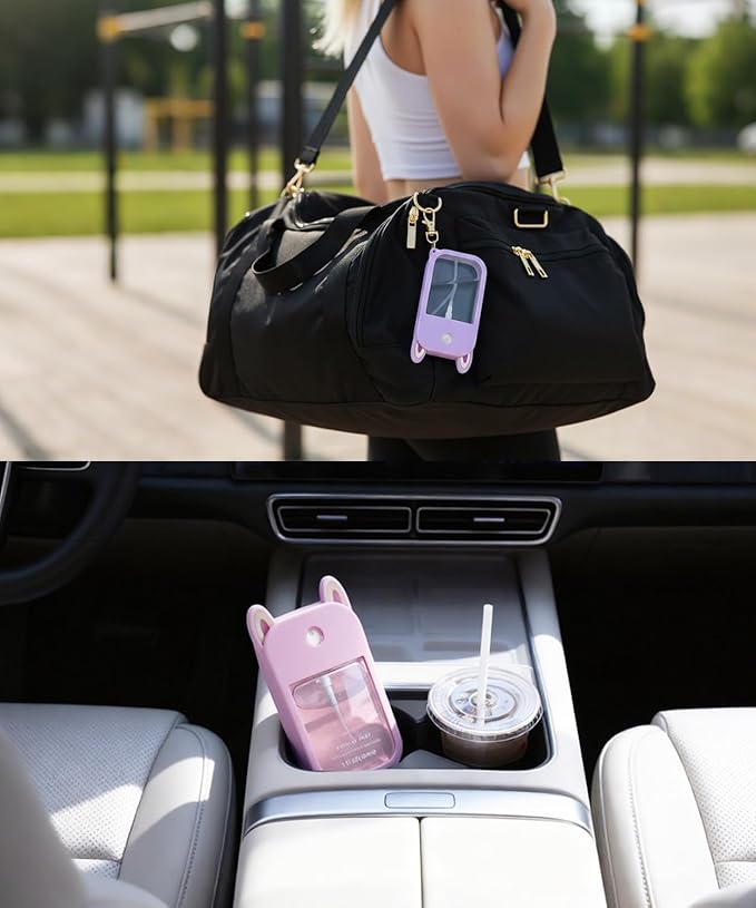 2 Sets Hand Sanitizer Spray Silicone Case Compatible with Touchland 1 FL. OZ./30 mL, Cute Ears Design Hand Sanitizer Mist Accessory with Keychain (Pink, Purple)