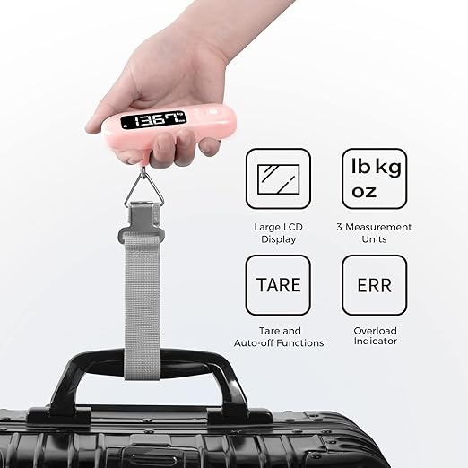 pack all 110 Lbs Luggage Scale, Digital Handheld Baggage Scale, Travel Suitcase Weight Scale with LCD Display, Battery Included, Pink