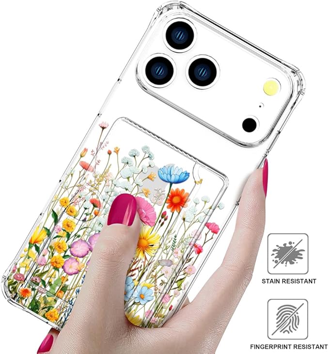 Compatible with iPhone 17 Pro Max Case Card Holder for Women Cute Design,Wallet Phone Cases Transparent Cool Kawaii Protective (Clear Flowers Herbs Wild Plants)