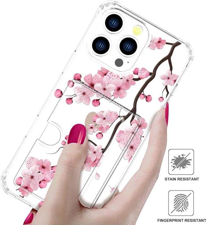 Compatible with iPhone 16 Pro Max Case Card Holder for Women Cute Design,Wallet Phone Cases Transparent Cool Kawaii Protective (Clear Sakura Peach Cherry)