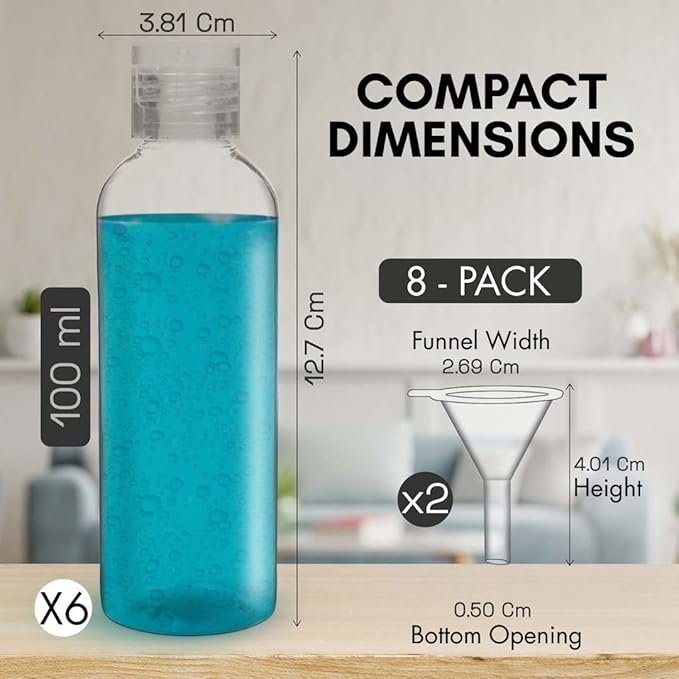 6 Pack Travel Bottles - Travel Containers for Toiletries - TSA Approved Size - Refillable Empty Plastic Bottles with 2 Labels, Funnels & Carry Bag - For Shampoo, Lotion, Conditioner, Sanitizer - 3.4oz