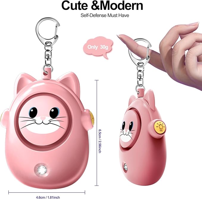 Personal Alarms Keychain, 130dB Loud Safety Siren, LED Light, Cute Cat Design Security Device for Women, Elderly, Children