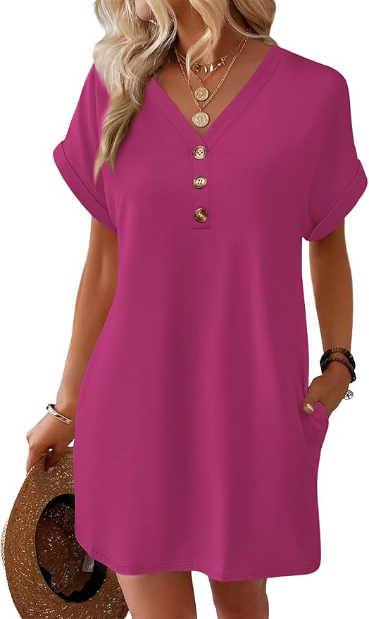 WIHOLL Summer Dresses for Women with Sleeves Midi Dress Button Down Beach Vacation Casual Dresses Fashion Clothing