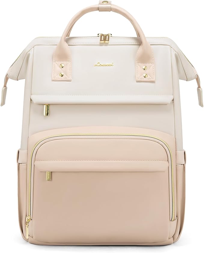 LOVEVOOK Leather Backpack for Women, 15.6 inch Laptop Backpack, Professional Work & Travel Bag, Beige-Flesh Beige