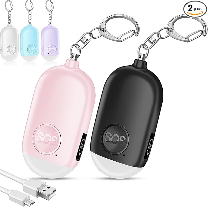 Hion Personal Safety Alarm for Women, 2 Pack Rechargeable 130dB Self Defense Alarm Keychain with LED Flashlight, Emergency Safe Sound Security for Children Elderly College Girls, Black+Pink