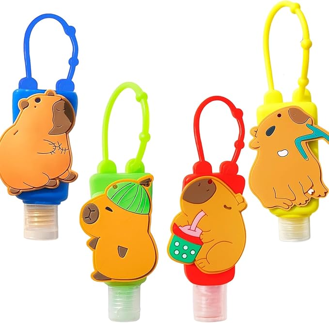 CZFSWT 4 Pcs Hand Sanitizer Keychain, Capybara Hand Sanitizer Holder Keychain, Keychain Hand Sanitizer, Travel Portable Leak Proof Hanging Bottle, Suitable for Refillable School Commuting Containers