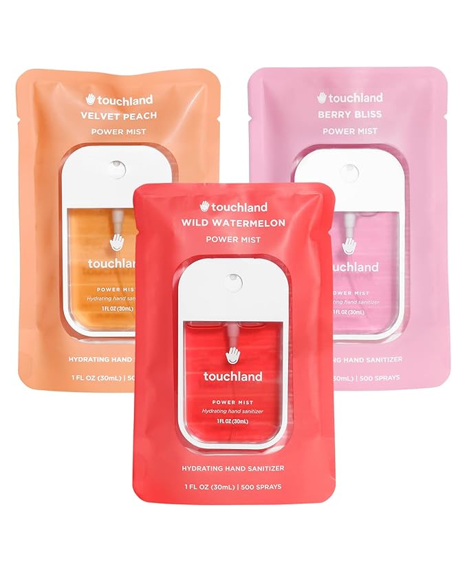 Touchland Hydrating Hand Sanitizer Spray – Juicy Trio Set (Wild Watermelon, Velvet Peach, Berry Bliss) – 3 x 1 FL OZ Travel Size Mists