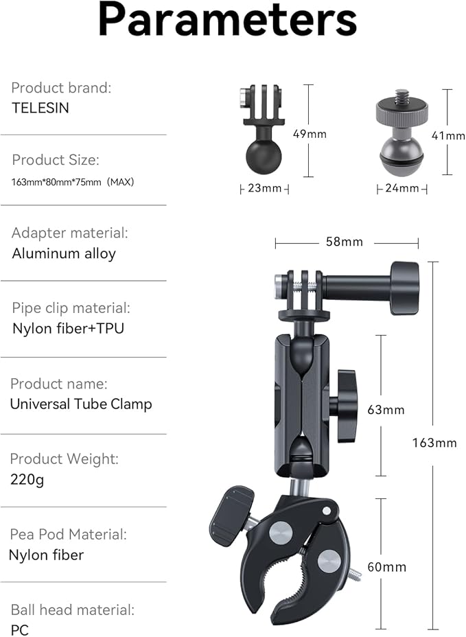 TELESIN Camera Clamp Mount Bike Motorcycle Handlebar Mounts Accessories, 360 Ball Joint Tube Roll Bar Holder Clip for DJI Osmo Pocket 4/DJI Osmo Action 6/Action 5 4 Pro/Hero 13 12 11 10 9/Insta 360 X5