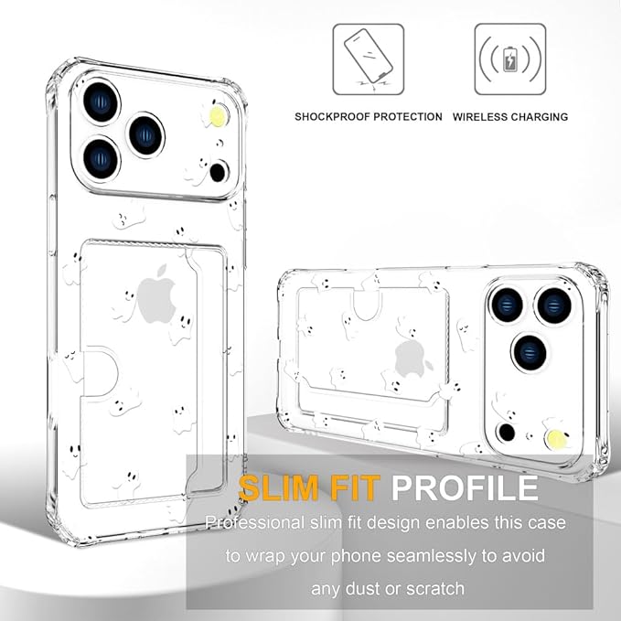 Compatible with iPhone 17 Pro Max Case Card Holder for Women Cute Design,Wallet Phone Cases Transparent Cool Kawaii Protective (Clear Ghosts Halloween Hallowmas)