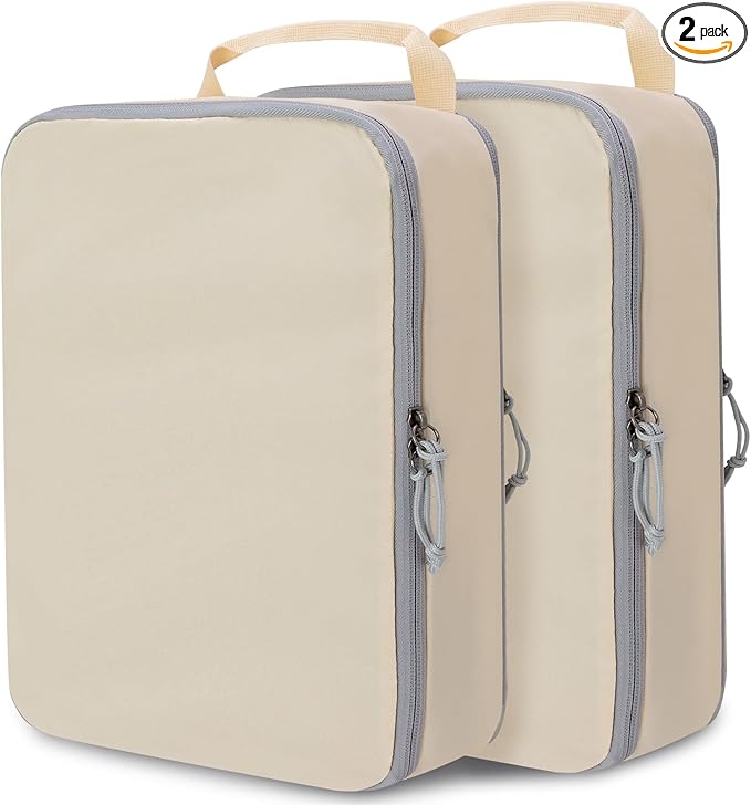 Extra Large Compression Packing Cubes for Travel Essentials, 2 Set Expandable Travel Cubes for Packing Compression Bags Luggage Suitcase Organizer, Cream