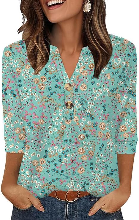 OFEEFAN Womens Tops 3/4 Sleeve Henley Shirts for Women Summer Outfits Fashion Clothing