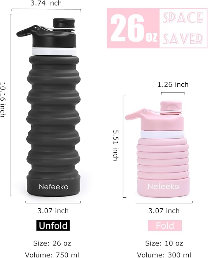 Nefeeko Collapsible Water Bottle, 26oz Silicone Foldable Water Bottles Leakproof BPA Free Travel Water Bottles with Carabiner, Portable Sport Water Bottles for Camping,Hiking Outdoor Indoor Sport