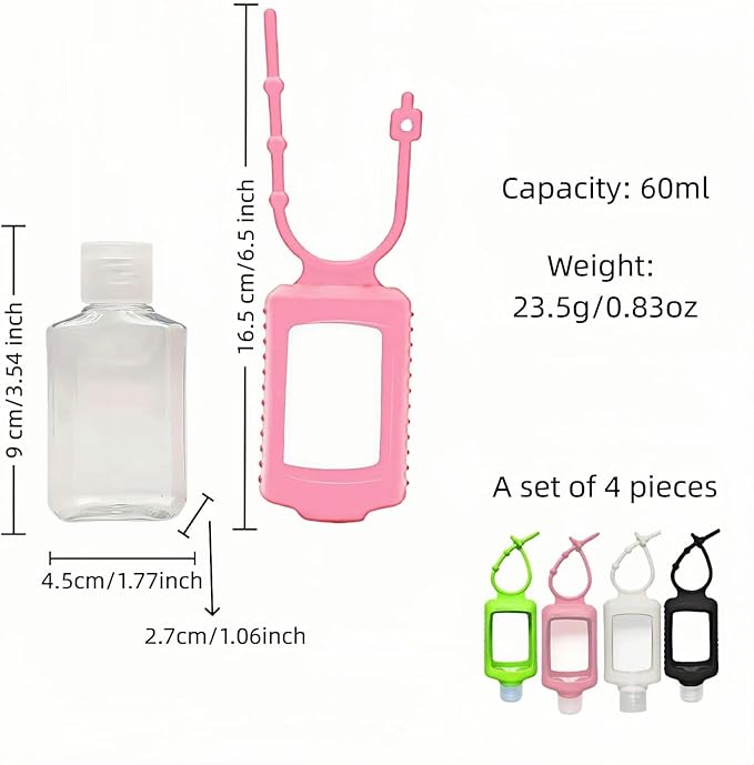 Chinshwehaw 4 Pack Leak Proof Travel Bottles 60ml(2oz) with Silicone Sleeves & Keychain | Refillable Squeeze Containers for Toiletries, Hand Sanitizer | BPA Free PETG (Red, White, Black, Green)