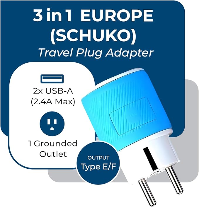 OREI Germany, France, Schuko Travel Plug Adapter with Dual USB - USA Input - Type E/F (U2U-9), Will Work with Cell Phones, Camera, Laptop, Tablets, iPad, iPhone and More