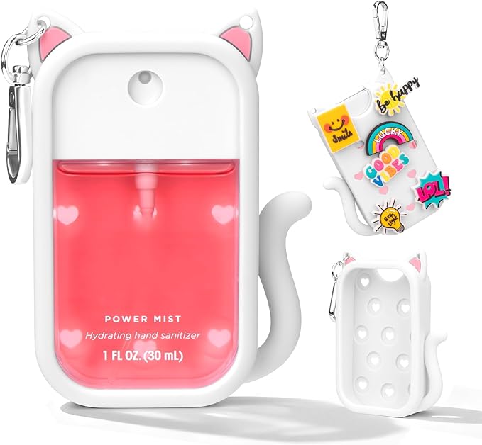 Cat Silicone Case for Touchland Hand Sanitizer Spray with Keychain, Compatible with Power Mist & Glow Mist 1 FL Oz/30ML for Touchland Case, with Charms Accessory Cute Travel Cover Sleeve White