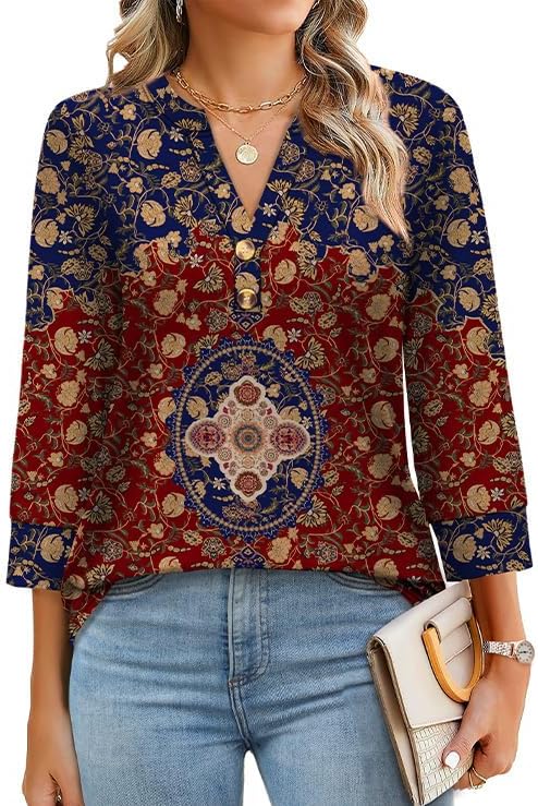 OFEEFAN Womens Tops 3/4 Sleeve Henley Shirts for Women Summer Outfits Fashion Clothing