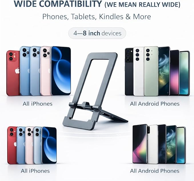 Mizi Aluminium Phone Stand for Desk, Foldable Adjustable Cell Phone Holder, Portable Travel & Office Accessory Compatible with iPhone 17 16 15 14 13 Pro Max, Samsung S25 S24 S23 Ultra, Kindle – Grey