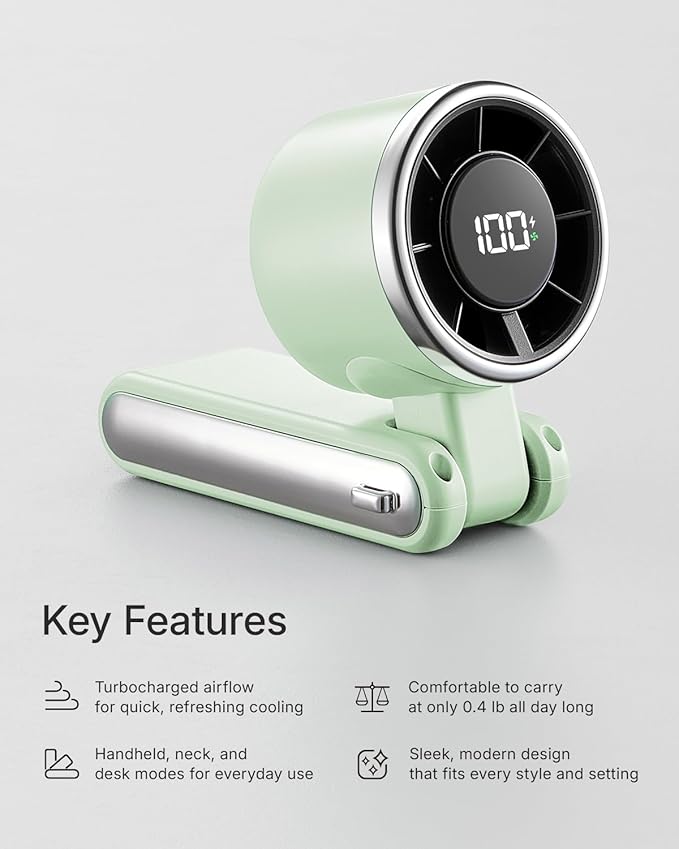 Portable Handheld Turbo Fan - 5 Gear High Speed 4000mAh Rechargeable Mini Personal Hand Fan Blow Cold Air, Battery Operated Travel Essentials, Beach Vacation, Gifts for Women, Men (Green)