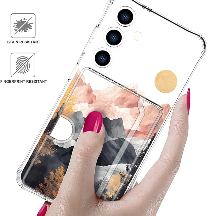 Compatible with Samsung Galaxy S24 / S25 Case Card Holder for Women Cute Design,Wallet Phone Cases Transparent Cool Kawaii Protective (Clear Mountain Hill Landscape)