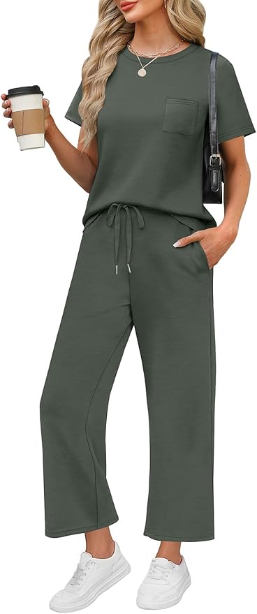 WIHOLL 2 Piece Sets for Women Casual Summer Travel Vacation Outfits Short Sleeve Wide Leg Crop Pants Lounge Sets