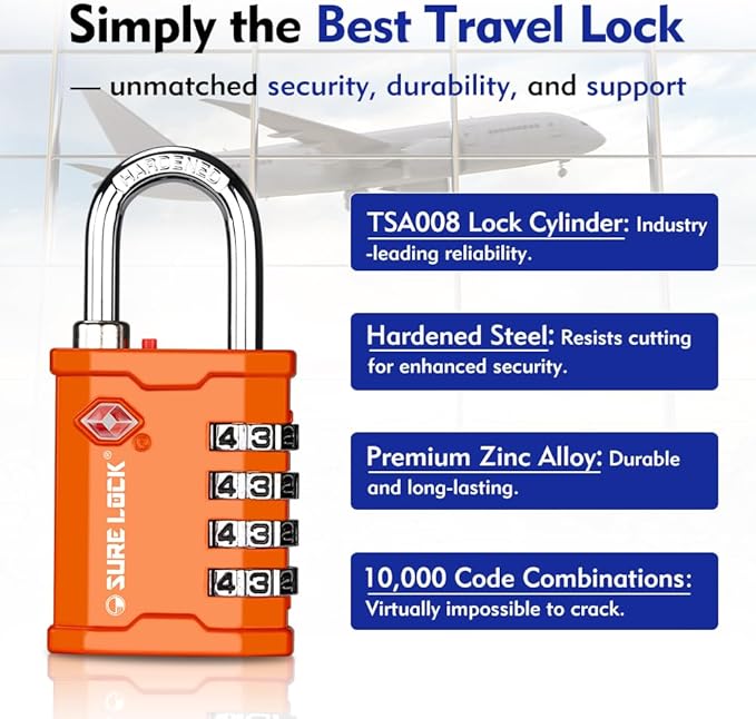SURE LOCK TSA Accepted 4 Dig Heavy Duty Big Combination Luggage Padlock All Metal Travel Lock for Equipment Hard Case Luggage Gun Case Gym Locker Pelican Vault Lock (2, Orange)
