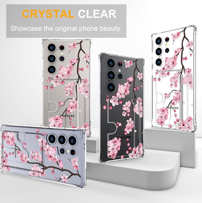 Compatible with Samsung Galaxy S24 Ultra Case Card Holder for Women Cute Design,Wallet Phone Cases Transparent Cool Kawaii Protective (Clear Sakura Peach Cherry)