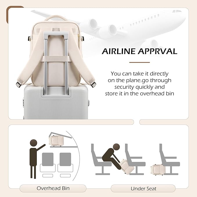 MDODO Travel Backpack for Women Men - Large Carry on Backpack fits 15.6" Laptop Lightweight Travel Bag Daypack Waterproof Causal Bookbag Backpack for College,Work,36L, Beige