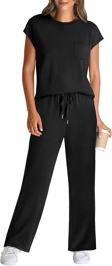 WIHOLL 2 Piece Sets for Women Casual Summer Travel Vacation Outfits Cap Sleeve Lounge Set