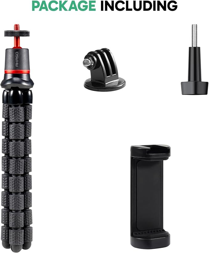 AKASO Action Camera Accessories Kit Compatible with AKASO Action Camera EK7000/Brave 4/Brave 7 LE/Brave 7/Brave 8/V50X/GoPro Hero12/11/10/ 9/8 Max/DJI Osmo Action (Flexible Selfie Stick Tripod)