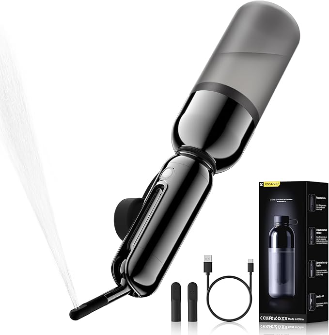 ESSAGER Portable Bidet for Travel, Foldable & Rechargeable Handheld Sprayer–Waterproof with 2 Pressure Modes, 350ml Expandable Bottle for Women, Men, Baby, Postpartum & Personal Hygiene(Black)