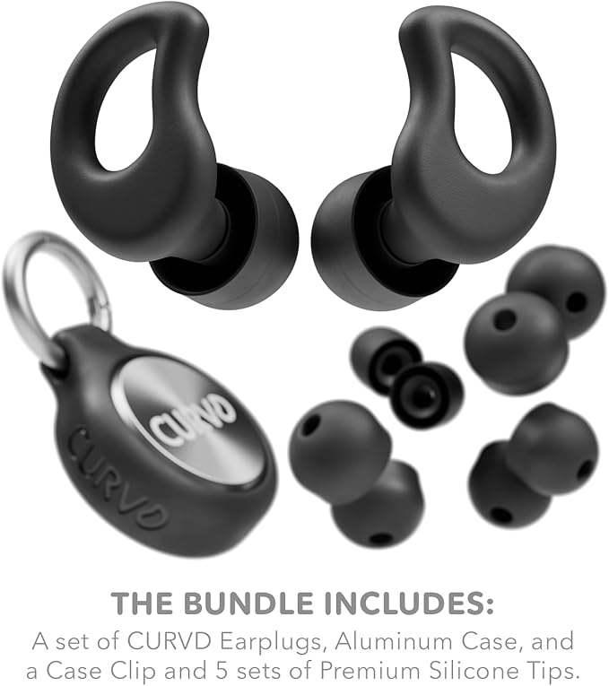 CURVD Everyday Earplugs + Case Clip Bundle, the Perfect earplug for Sleep, Travel, Noise Sensitivity/canceling + Case Clip Package Portable Waterproof Container & Silicone Sleeve for Ear Plugs(Black)